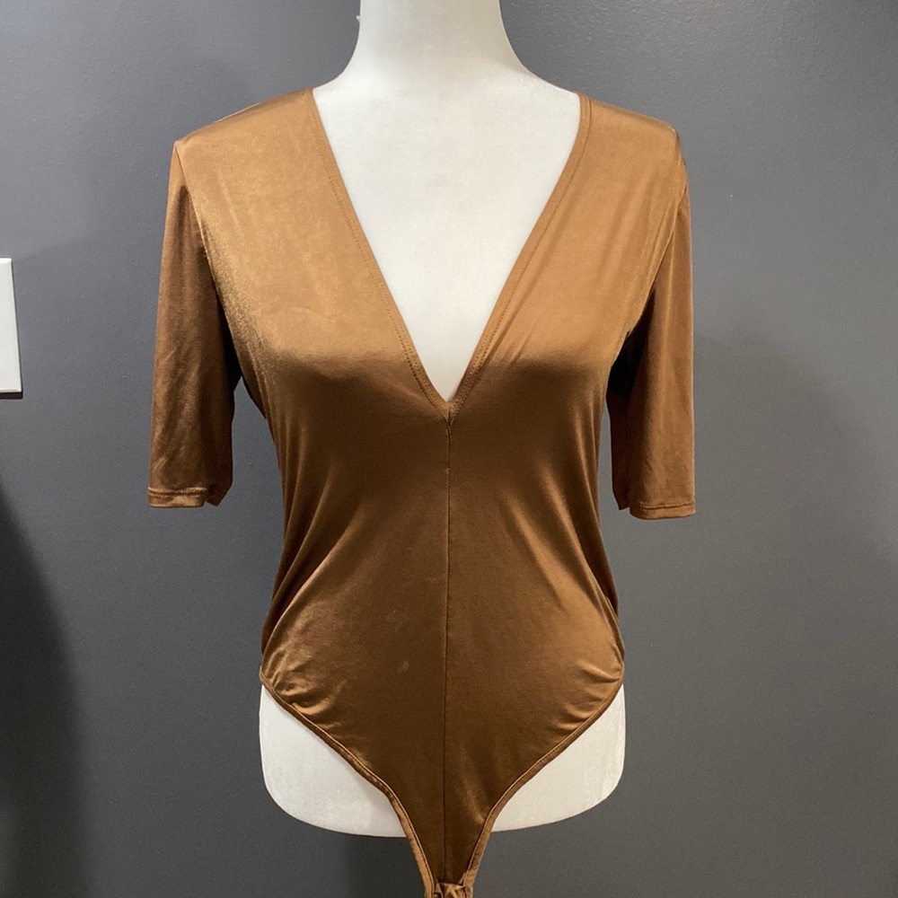 Brown plunging neckline bodysuit